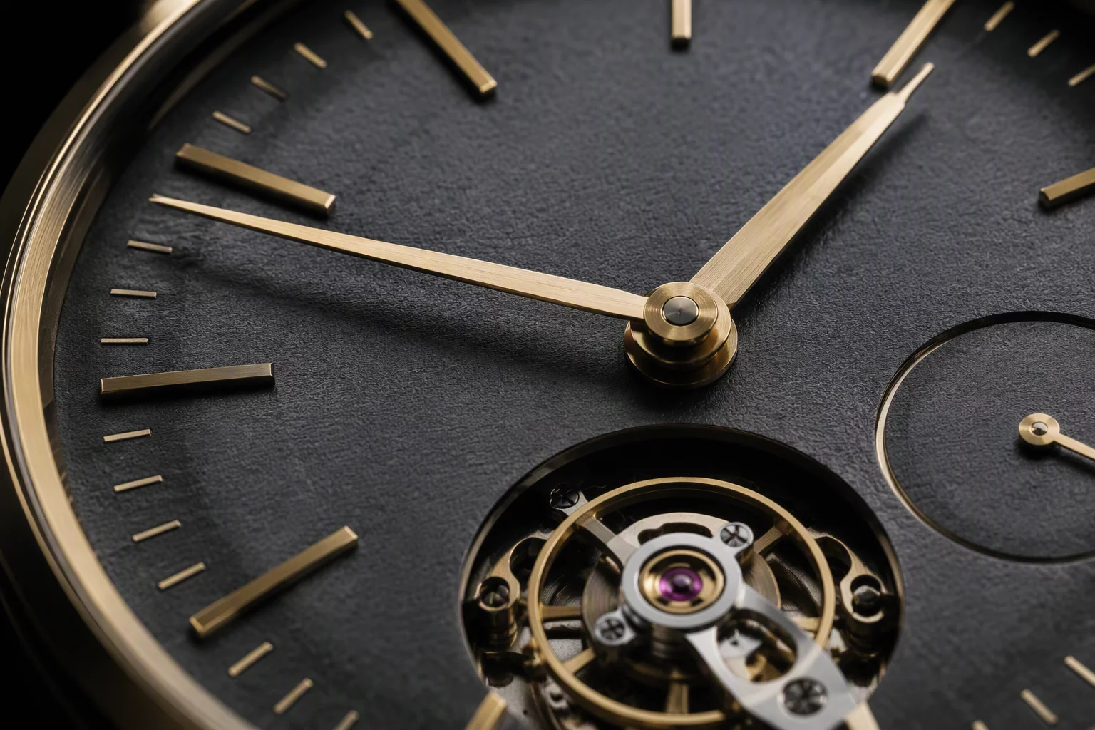 Close-up view of precision clockwork assembly and brass gears